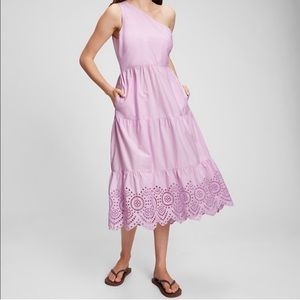 One Shoulder Midi Length Eyelet Trim Lavender Dress